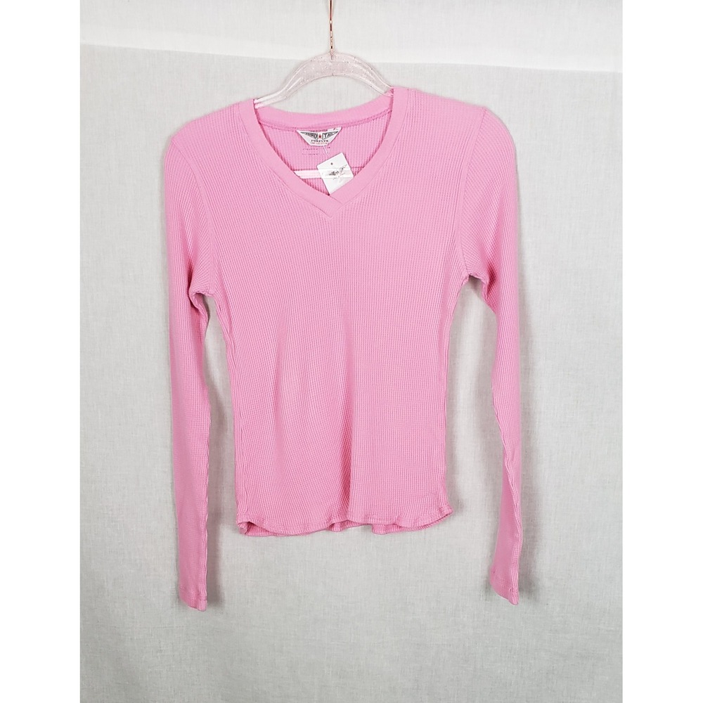 Hard Tail Forever Pink Thermal Waffle Knit V-Neck Long Sleeve Top OS Barbiecore